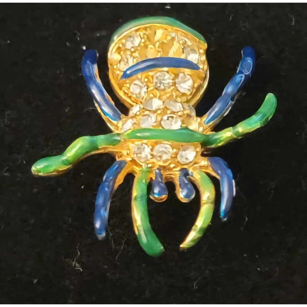 Vintage‎ Enamel Spider Brooch Gold Tone Rhinestone Blue Green Insect Pin Novelty